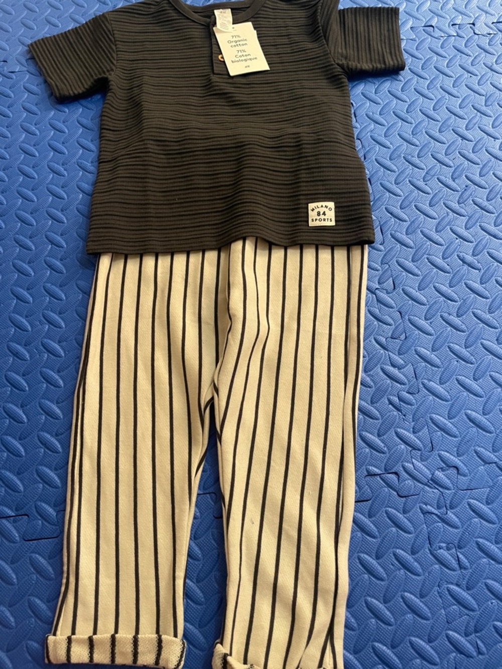 H&M 2pc Black Ribbed Short-Sleeve Top and pinstripe bottoms